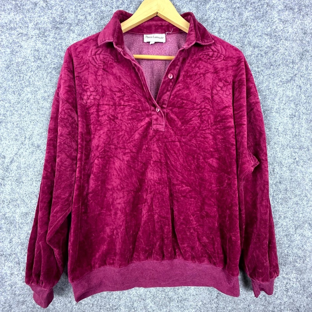 Vintage Pierre‎ Lamonte Polo Sweater Womens Large Burgundy Velour Grape Embossed